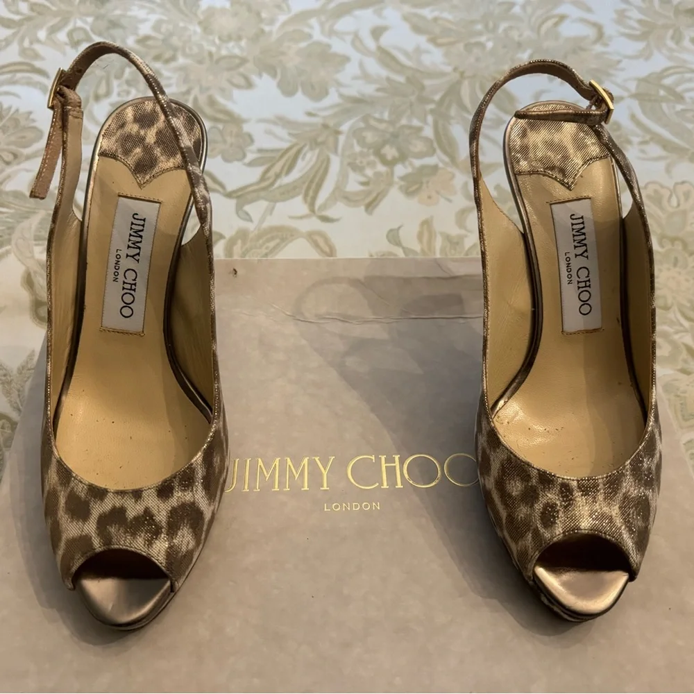 Jimmy Choo Open Toe Pumps Slingback Heels Leopard Shimmer Leather 36 - Picture 1 of 7